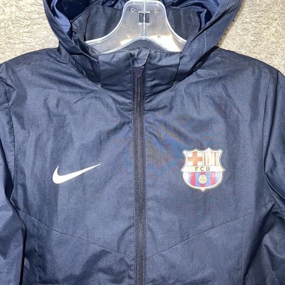 Nike Shield FC Barcelona Jacket Youth Sz L Blue Windbreaker Hooded